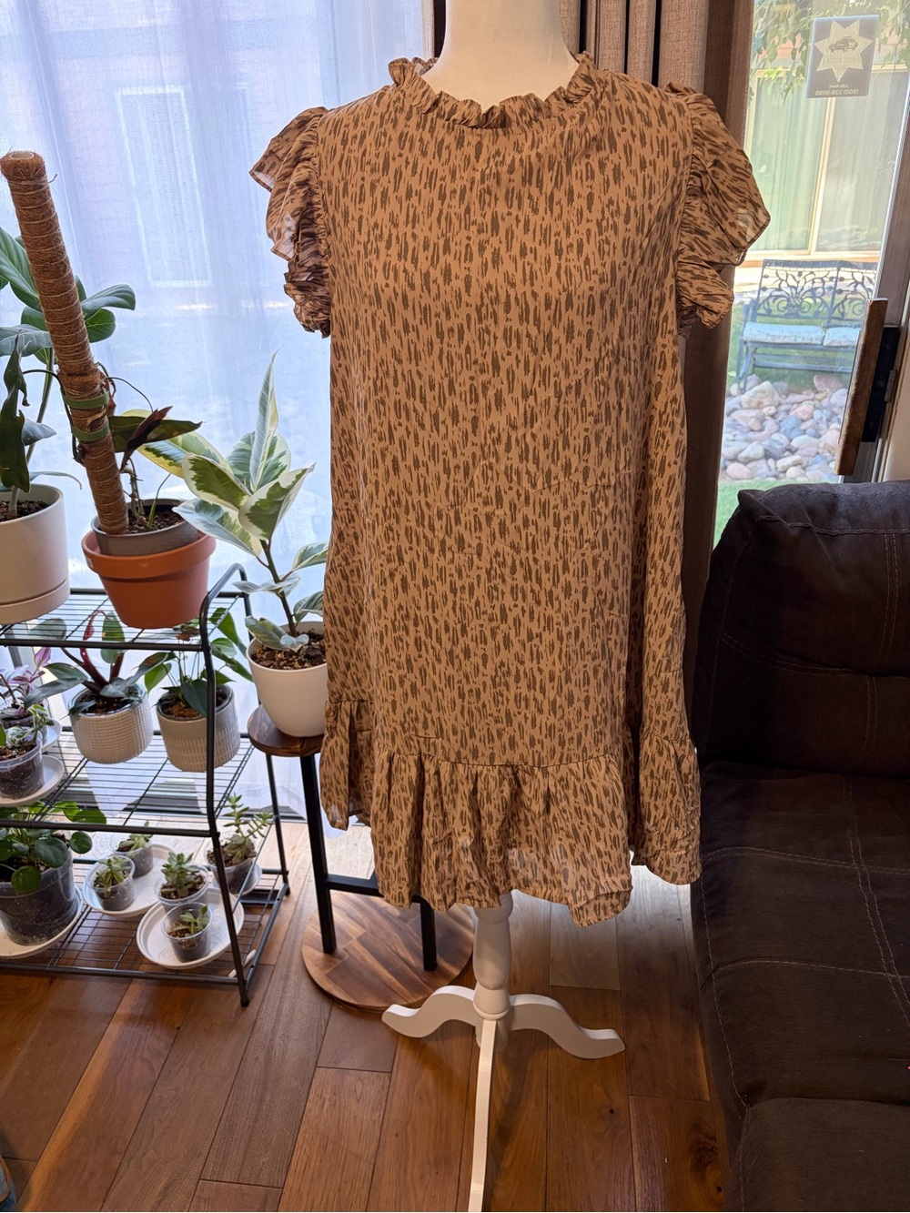 Pinch Beige Printed Ruffle-Trim Mini Dress